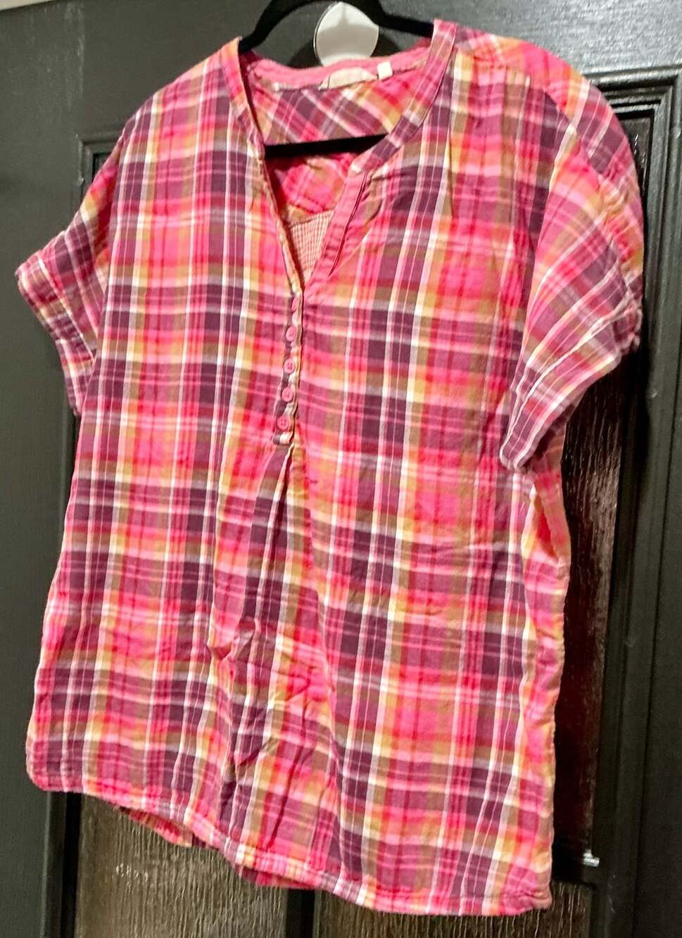 Soft Surroundings Plaid Pop Over Top Size XL Pink Short Sleeve Cotton Blouse